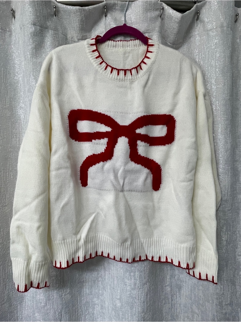 Women’s Cream Sweater with Red Bow Detail